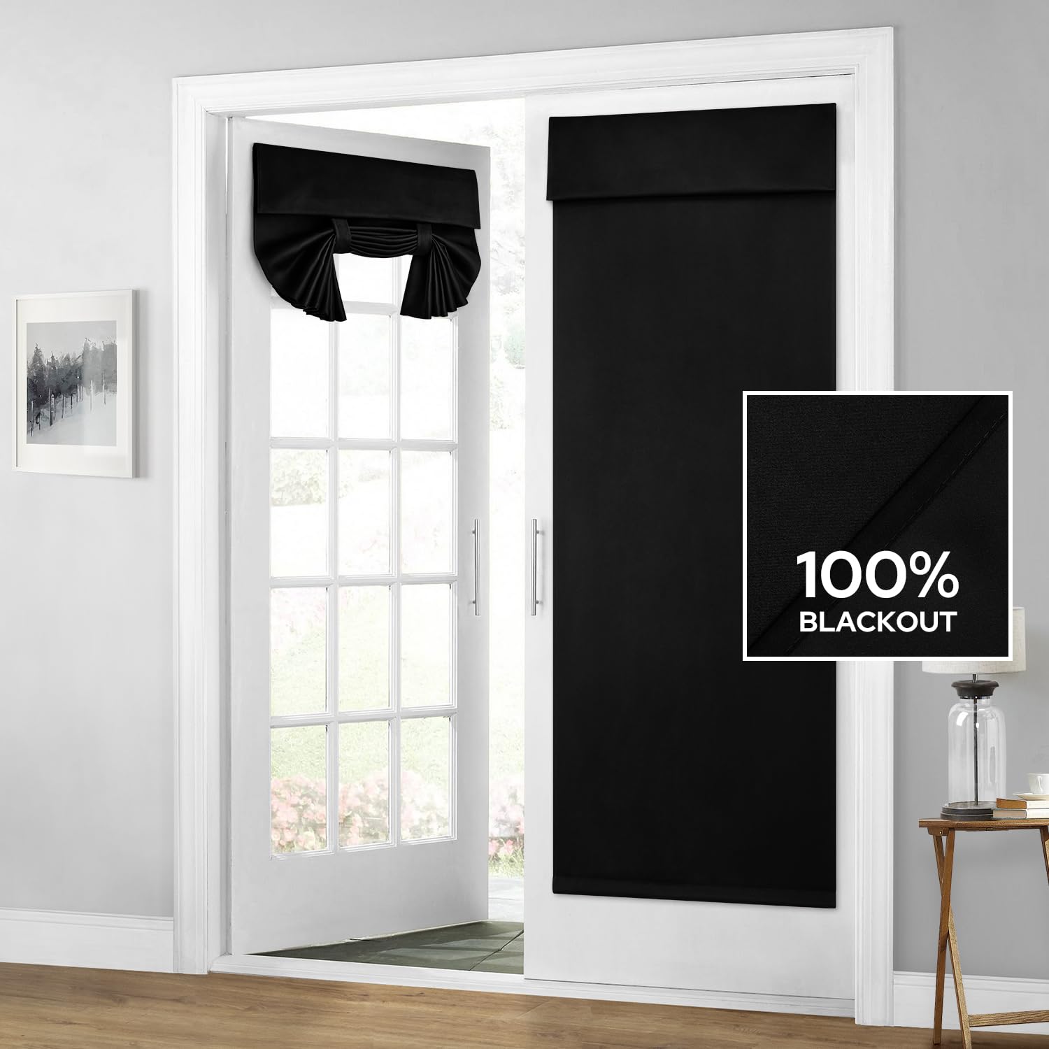 Homeideas 100% Blackout French Door Curtains, Privacy Door Curtains For Door Window, 26 X 68 Inch Room Darkening Curtains, Thermal Insulated Door Window Shades For Bedroom, (1 Panel, Black)